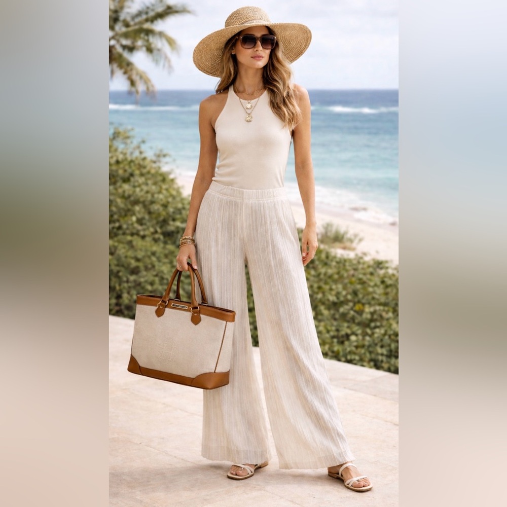 White Wide Leg Pants L Lined Palazzo Joie High Rise Long Beach Dressy Resort NWT